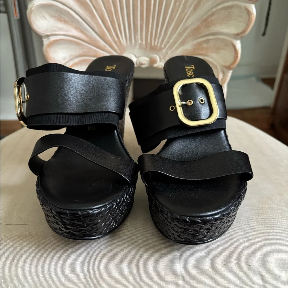 Black Leather Platform Wedge Sandals with Gold Buckle